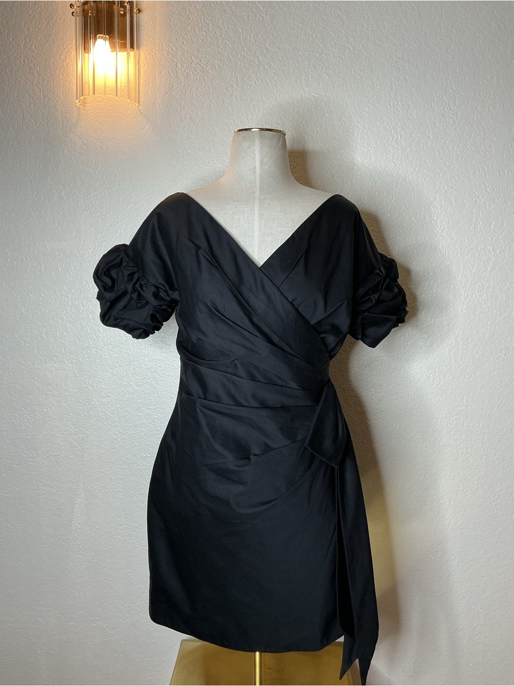 Fame and Partners Black Puff-Sleeve Wrap Mini Dress